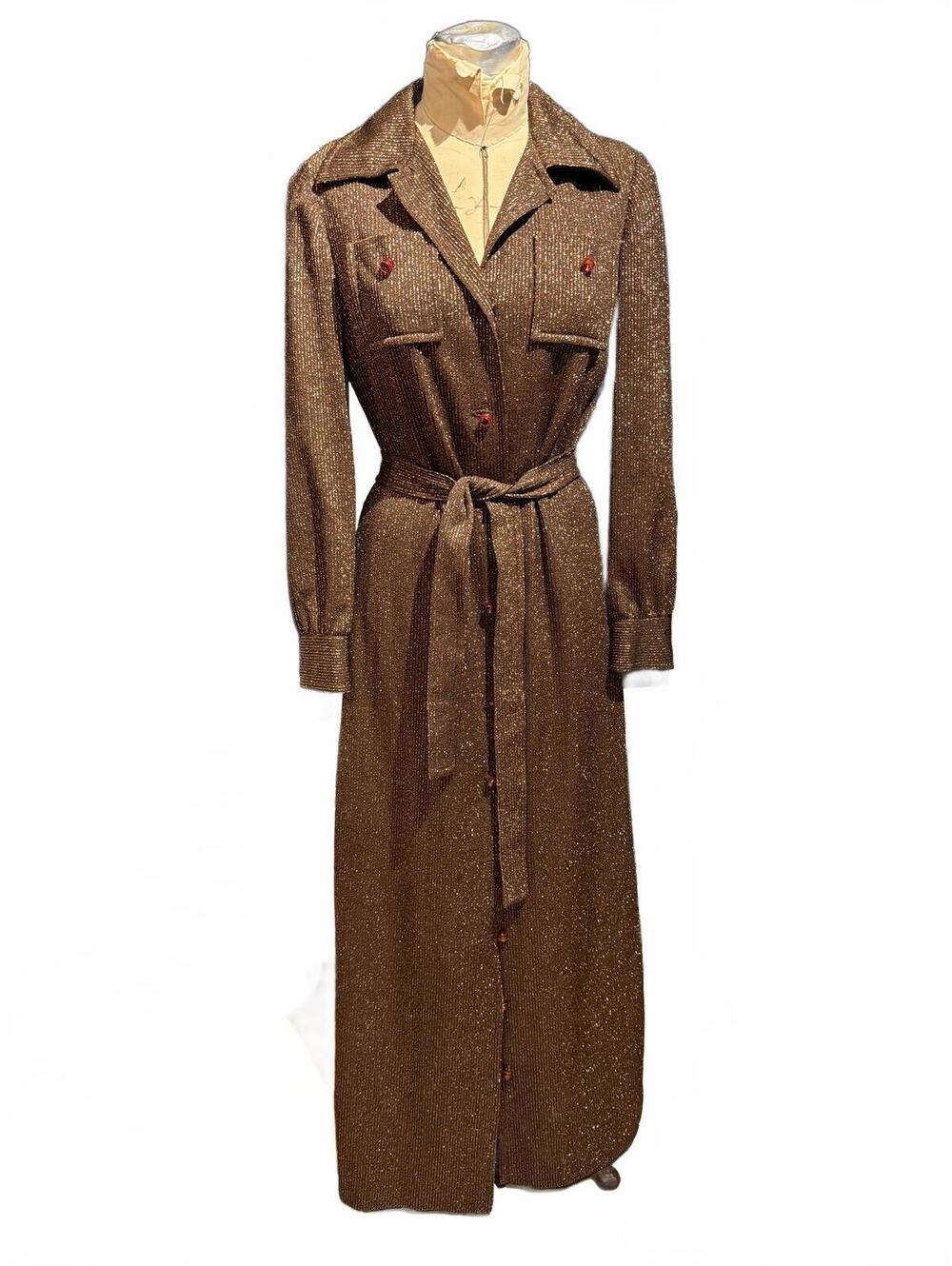 Dalton Vintage 70s Brown Metallic Knit Button-Up Maxi Dress